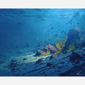 tide, deep, blue, current, moon, pearl, drift, sea, quiet, glow, palette knife, oil painting, impasto, texture, layered paint, expressive surface, color depth, atmospheric, visual mood, art