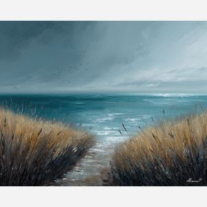 salt, horizon, drift, tide, open, blue, wind, shore, pale, calm, palette knife, oil painting, impasto, texture, layered paint, expressive surface, color depth, atmospheric, visual mood, art