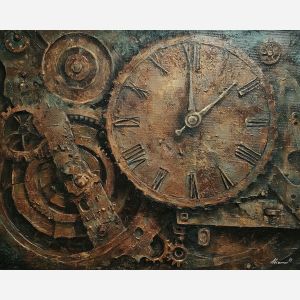 gear, brass, steam, iron, clock, fog, valve, copper, shadow, smoke, palette knife, oil painting, impasto, texture, layered paint, expressive surface, color depth, atmospheric, visual mood, art