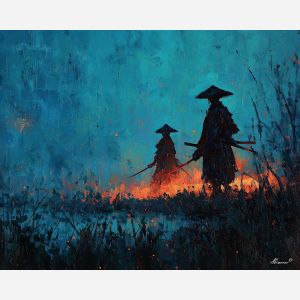 steel, honor, blade, night, silent, crimson, ash, wind, shadow, still, palette knife, oil painting, impasto, texture, layered paint, expressive surface, color depth, atmospheric, visual mood, art