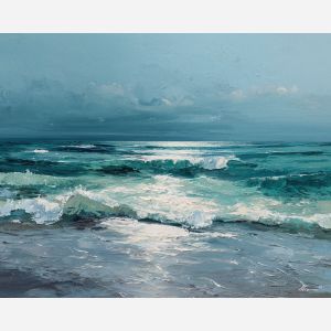 salt, horizon, drift, tide, open, blue, wind, shore, pale, calm, palette knife, oil painting, impasto, texture, layered paint, expressive surface, color depth, atmospheric, visual mood, art