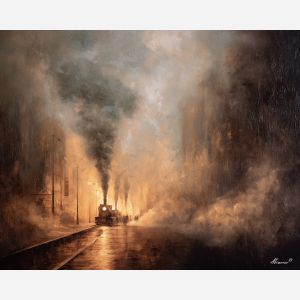 gear, brass, steam, iron, clock, fog, valve, copper, shadow, smoke, palette knife, oil painting, impasto, texture, layered paint, expressive surface, color depth, atmospheric, visual mood, art