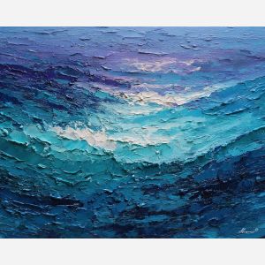 tide, deep, blue, current, moon, pearl, drift, sea, quiet, glow, palette knife, oil painting, impasto, texture, layered paint, expressive surface, color depth, atmospheric, visual mood, art