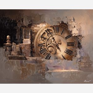 gear, brass, steam, iron, clock, fog, valve, copper, shadow, smoke, palette knife, oil painting, impasto, texture, layered paint, expressive surface, color depth, atmospheric, visual mood, art