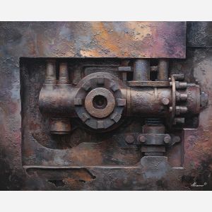 gear, brass, steam, iron, clock, fog, valve, copper, shadow, smoke, palette knife, oil painting, impasto, texture, layered paint, expressive surface, color depth, atmospheric, visual mood, art