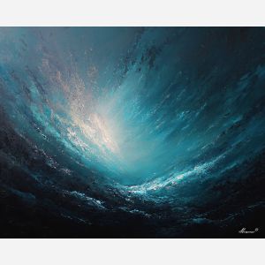 tide, deep, blue, current, moon, pearl, drift, sea, quiet, glow, palette knife, oil painting, impasto, texture, layered paint, expressive surface, color depth, atmospheric, visual mood, art