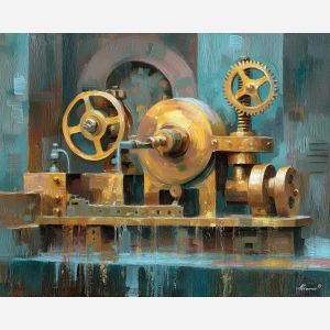 gear, brass, steam, iron, clock, fog, valve, copper, shadow, smoke, palette knife, oil painting, impasto, texture, layered paint, expressive surface, color depth, atmospheric, visual mood, art