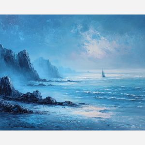 salt, horizon, drift, tide, open, blue, wind, shore, pale, calm, palette knife, oil painting, impasto, texture, layered paint, expressive surface, color depth, atmospheric, visual mood, art