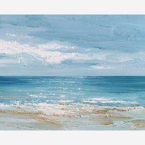 salt, horizon, drift, tide, open, blue, wind, shore, pale, calm, palette knife, oil painting, impasto, texture, layered paint, expressive surface, color depth, atmospheric, visual mood, art