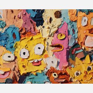 bright, playful, odd, happy, simple, bold, fun, quick, color, cheer, palette knife, oil painting, impasto, texture, layered paint, expressive surface, color depth, atmospheric, visual mood, art