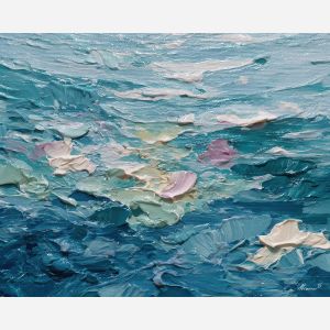 tide, deep, blue, current, moon, pearl, drift, sea, quiet, glow, palette knife, oil painting, impasto, texture, layered paint, expressive surface, color depth, atmospheric, visual mood, art