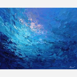 tide, deep, blue, current, moon, pearl, drift, sea, quiet, glow, palette knife, oil painting, impasto, texture, layered paint, expressive surface, color depth, atmospheric, visual mood, art