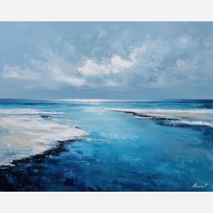 salt, horizon, drift, tide, open, blue, wind, shore, pale, calm, palette knife, oil painting, impasto, texture, layered paint, expressive surface, color depth, atmospheric, visual mood, art