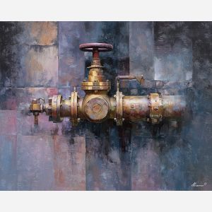 gear, brass, steam, iron, clock, fog, valve, copper, shadow, smoke, palette knife, oil painting, impasto, texture, layered paint, expressive surface, color depth, atmospheric, visual mood, art