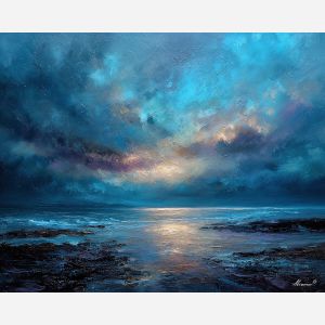 salt, horizon, drift, tide, open, blue, wind, shore, pale, calm, palette knife, oil painting, impasto, texture, layered paint, expressive surface, color depth, atmospheric, visual mood, art