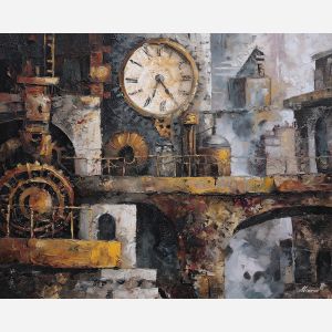 gear, brass, steam, iron, clock, fog, valve, copper, shadow, smoke, palette knife, oil painting, impasto, texture, layered paint, expressive surface, color depth, atmospheric, visual mood, art