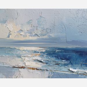 salt, horizon, drift, tide, open, blue, wind, shore, pale, calm, palette knife, oil painting, impasto, texture, layered paint, expressive surface, color depth, atmospheric, visual mood, art