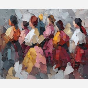 together, common, shared, joined, single, bond, circle, linked, whole, union, palette knife, oil painting, impasto, texture, layered paint, expressive surface, color depth, atmospheric, visual mood, art