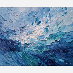 salt, horizon, drift, tide, open, blue, wind, shore, pale, calm, palette knife, oil painting, impasto, texture, layered paint, expressive surface, color depth, atmospheric, visual mood, art