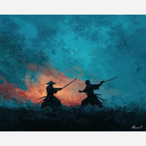 steel, honor, blade, night, silent, crimson, ash, wind, shadow, still, palette knife, oil painting, impasto, texture, layered paint, expressive surface, color depth, atmospheric, visual mood, art