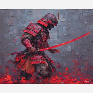 steel, honor, blade, night, silent, crimson, ash, wind, shadow, still, palette knife, oil painting, impasto, texture, layered paint, expressive surface, color depth, atmospheric, visual mood, art