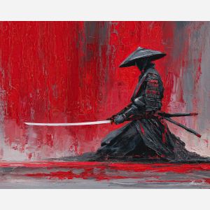 steel, honor, blade, night, silent, crimson, ash, wind, shadow, still, palette knife, oil painting, impasto, texture, layered paint, expressive surface, color depth, atmospheric, visual mood, art