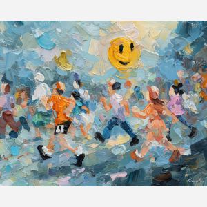 bright, playful, odd, happy, simple, bold, fun, quick, color, cheer, palette knife, oil painting, impasto, texture, layered paint, expressive surface, color depth, atmospheric, visual mood, art