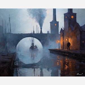 gear, brass, steam, iron, clock, fog, valve, copper, shadow, smoke, palette knife, oil painting, impasto, texture, layered paint, expressive surface, color depth, atmospheric, visual mood, art