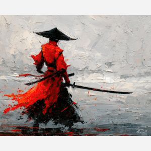 steel, honor, blade, night, silent, crimson, ash, wind, shadow, still, palette knife, oil painting, impasto, texture, layered paint, expressive surface, color depth, atmospheric, visual mood, art