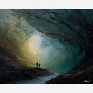 together, common, shared, joined, single, bond, circle, linked, whole, union, palette knife, oil painting, impasto, texture, layered paint, expressive surface, color depth, atmospheric, visual mood, art