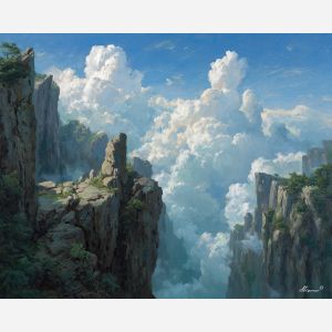 fantasy cliffs, celestial sky, oil painting, soft fantasy, dreamy heights, painterly texture, calm atmosphere, magical landscape, gentle light, detailed oil