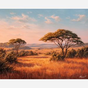 kenyan savanna, acacia trees, oil painting, cultural landscape, warm tones, painterly texture, everyday kenya, detailed oil