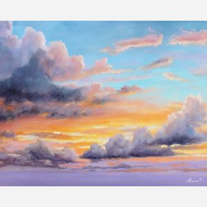 pastel sky, evening clouds, oil painting, soft colors, painterly texture, calm atmosphere, peaceful scene, detailed oil, tranquil mood, living room art, bedroom decor