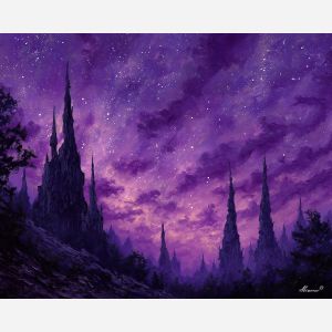 fantasy spires, twilight city, oil painting, magical architecture, soft magic, painterly texture, calm atmosphere, purple sky, dreamy skyline, detailed oil