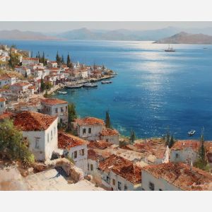 turkish coast, seaside town, oil painting, cultural landscape, soft blue tones, painterly texture, everyday turkey, detailed oil