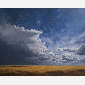 minimal field horizon, empty land, oil painting, magical nature, calm atmosphere, painterly texture, serene mood