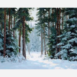 snowy forest, pine trees, winter landscape, oil painting, soft light, painterly texture, calm atmosphere, peaceful nature, detailed oil, tranquil mood, living room art, bedroom decor, serene scenery