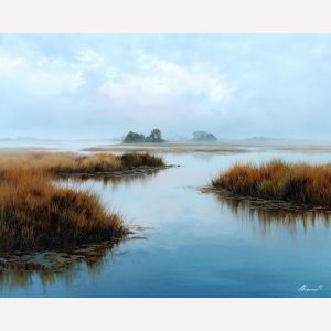 marshland scene, still water, oil painting, natural tones, painterly texture, peaceful atmosphere, calm nature, detailed oil, tranquil mood, living room art, bedroom decor, serene scenery