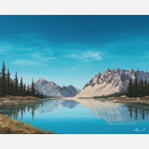 mountain lake, reflection water, oil painting, calm landscape, painterly texture, peaceful atmosphere, natural scenery, detailed oil, tranquil mood, living room art, bedroom decor
