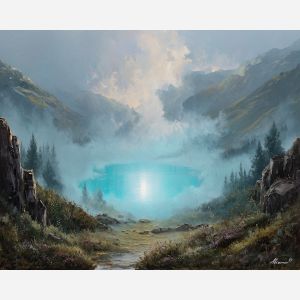 fantasy lake, glowing water, oil painting, soft fantasy, misty landscape, painterly texture, calm atmosphere, magical nature, gentle glow, detailed oil, serene mood, fantasy scenery, tranquil water, ethereal scene