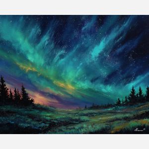 fantasy aurora, glowing sky, oil painting, soft fantasy, dreamy fields, painterly texture, calm atmosphere, magical landscape, gentle colors, detailed oil, serene mood, fantasy night, tranquil scene