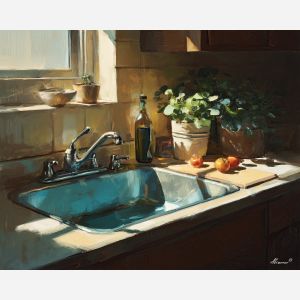 kitchen sink, clean kitchen, warm light, oil painting, domestic interior, calm atmosphere, painterly texture, everyday kitchen, inviting space, soft shadows, detailed oil, peaceful mood, interior art, cozy kitchen, lived-in home