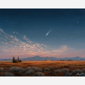minimal star sky, empty plain, oil painting, magical nature, calm atmosphere, painterly texture, serene mood, simple composition
