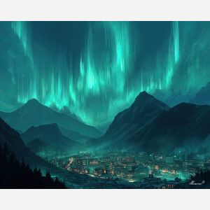 magical valley city, aurora sky, oil painting, fantasy landscape, soft magic, painterly texture, calm atmosphere, glowing buildings, dreamy world, detailed oil