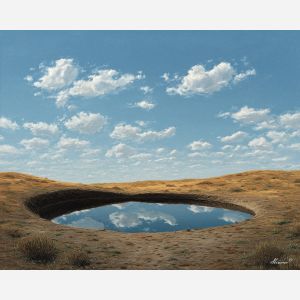 minimal water pool, still reflection, oil painting, magical nature, calm atmosphere, painterly texture, serene mood, simple landscape, gentle fantasy