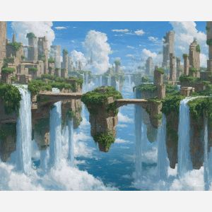 floating city, sky waterfalls, oil painting, fantasy architecture, soft magic, painterly texture, calm atmosphere, dreamy skyline, detailed oil