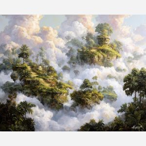 fantasy gardens, floating clouds, oil painting, soft fantasy, dreamy landscape, painterly texture, calm atmosphere, magical scenery, warm light, detailed oil, serene mood, fantasy world, tranquil scene
