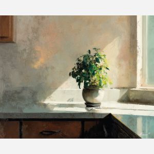 kitchen plant, countertop decor, soft light, oil painting, domestic comfort, painterly texture, calm atmosphere, everyday kitchen, inviting interior, natural element, detailed oil, peaceful mood, interior art, cozy kitchen, lived-in home