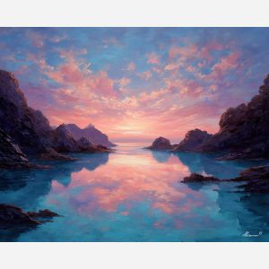 fantasy bay, glowing water, oil painting, soft fantasy, dreamy seascape, painterly texture, calm atmosphere, magical ocean, gentle reflections, detailed oil
