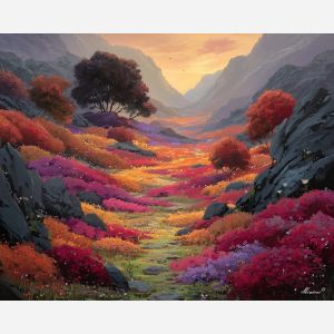 fantasy valley, glowing flowers, oil painting, soft fantasy, dreamy landscape, painterly texture, calm atmosphere, magical nature, warm glow, detailed oil
